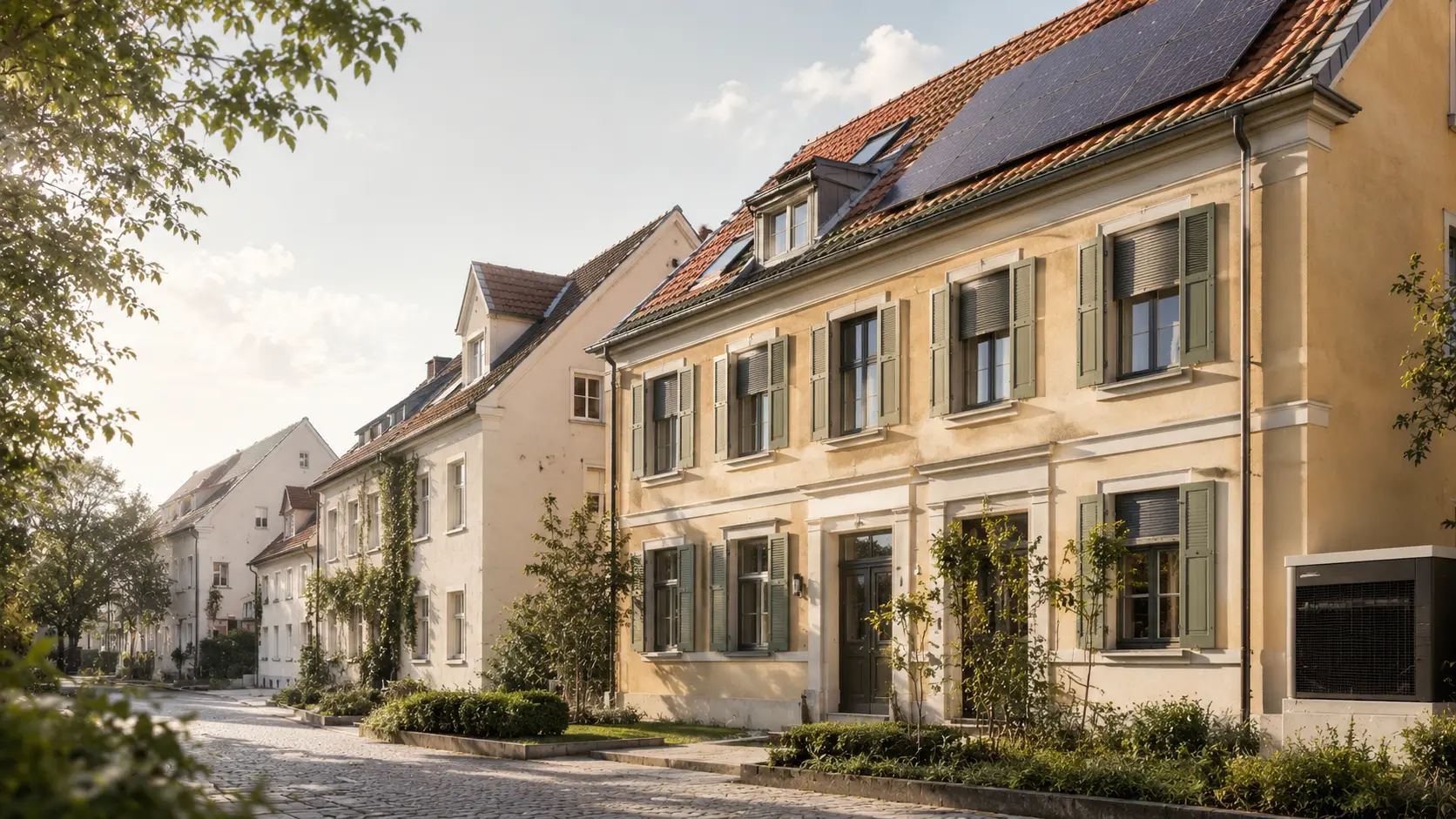 Historisches Augsburger Wohnhaus mit heller Putzfassade, Solaranlage und außenliegendem Sonnenschutz