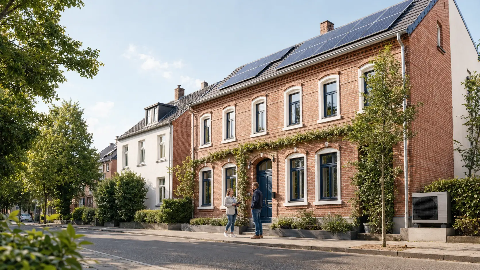 Helle Illustration eines energetisch modernisierten Augsburger Wohnhauses mit Solaranlage und Beratungsgespräch